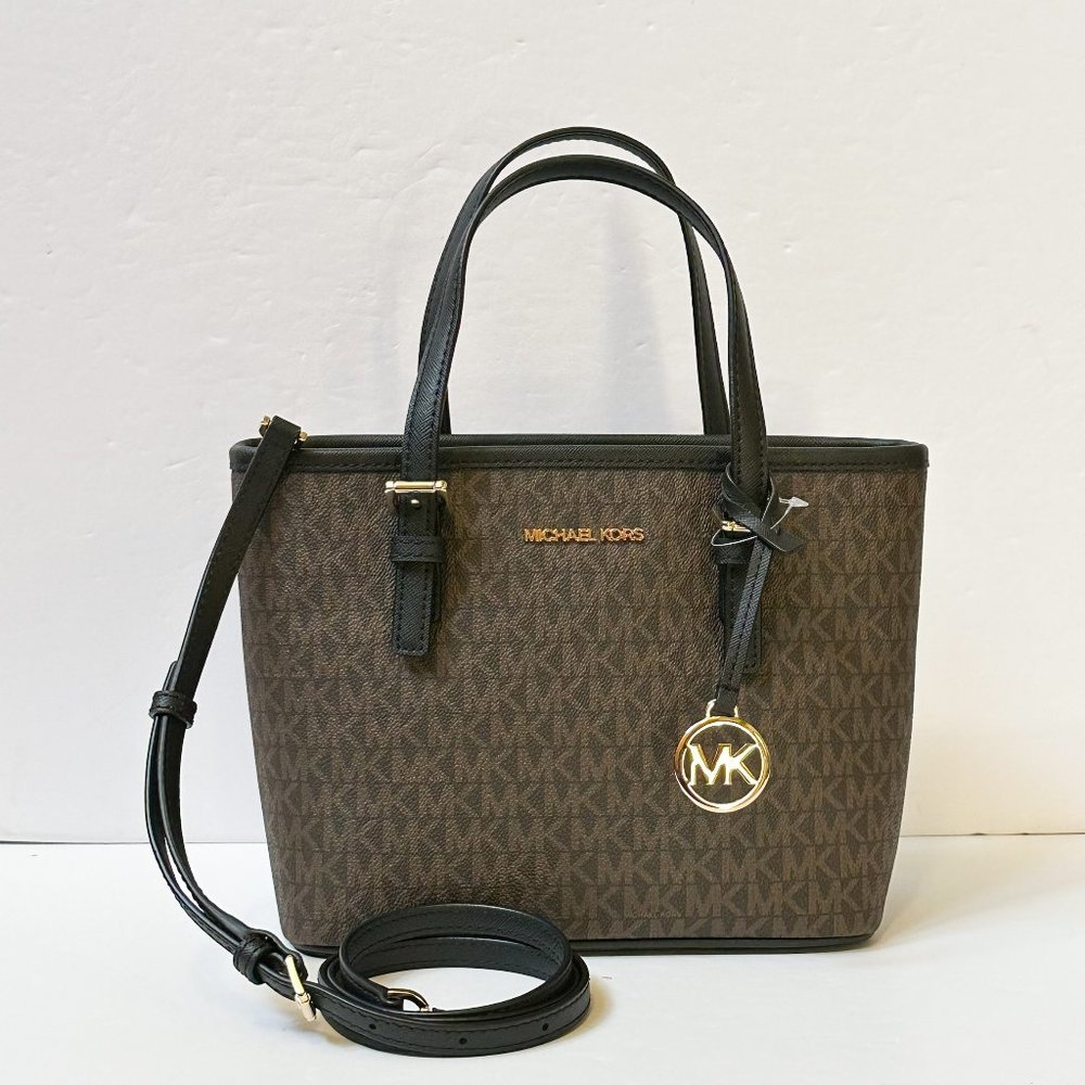 Michael Kors Jet Set Travel XS Carryall Tote Shoulder Bag MK Brown Black